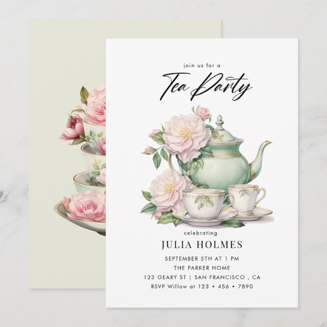Vattenfärg Blommig Tekopp Tesällskap Inbjudningar (Fram/baksida)