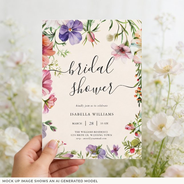 Vattenfärg Blommig Vildblomma Bröllopsdusch Inbjudningar (Front of invite shown in 5 x 7 inches, choose size, paper, and corner style.)