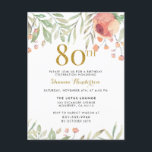 Vattenfärg Blommigt Guld Glitter 80:e Födelsedagsf Inbjudan Vykort<br><div class="desc">Denna inbjudan från elegant födelsedagsfest är perfekt för det speciella dam som vänder 80! Den här eleganten är säkert precis vad du är tittar för,  med färger i ro och . Lägg snabbt och enkelt till dina detaljer i designen och ta hem din inbjudan idag!</div>