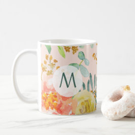 Vattenfärg Blommigt Guld Glitter Monogram Kaffemugg