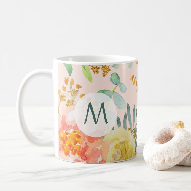Vattenfärg  Blommigt Guld Glitter Monogram Kaffemugg (Med munk)