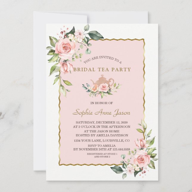 Vattenfärg  Blommigt Guld Möhippa Tea Party Inbjudningar (Framsida)