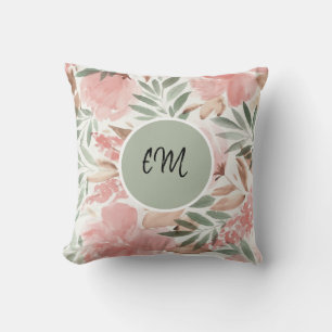 Vattenfärg blommigt mönster monogram kudde