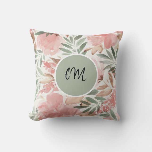 Vattenfärg blommigt mönster monogram kudde (Framsida)