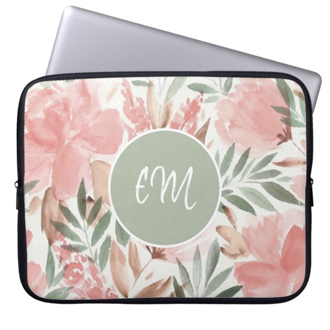 Vattenfärg blommigt mönster monogram laptop fodral (Framsidan)