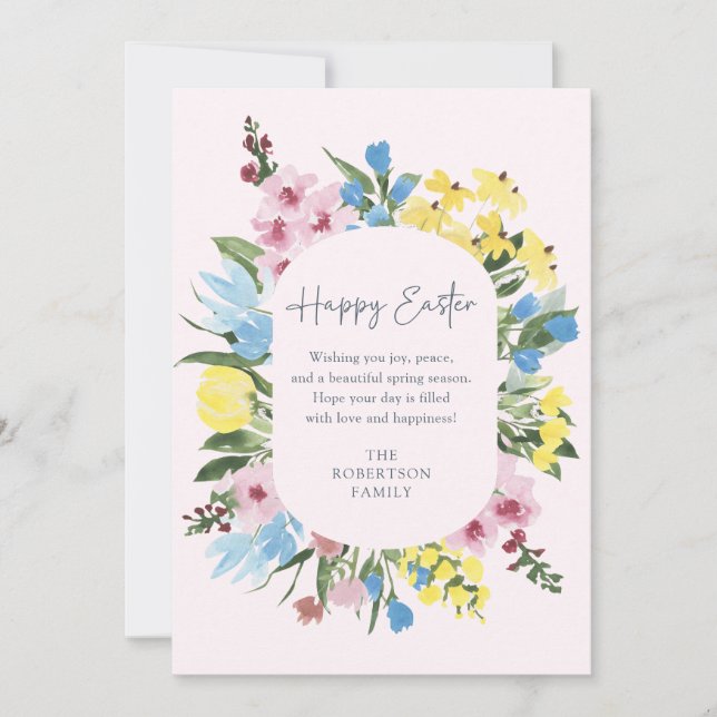 Vattenfärg, Blommigt ram Glad påsk, rosa kort (Framsida)