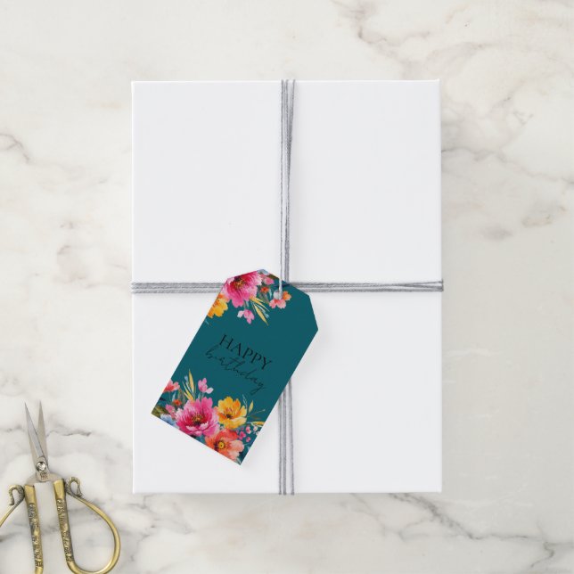 Vattenfärg Blommönster | Modernt Blommigt  Presentetikett (Med Snöre)