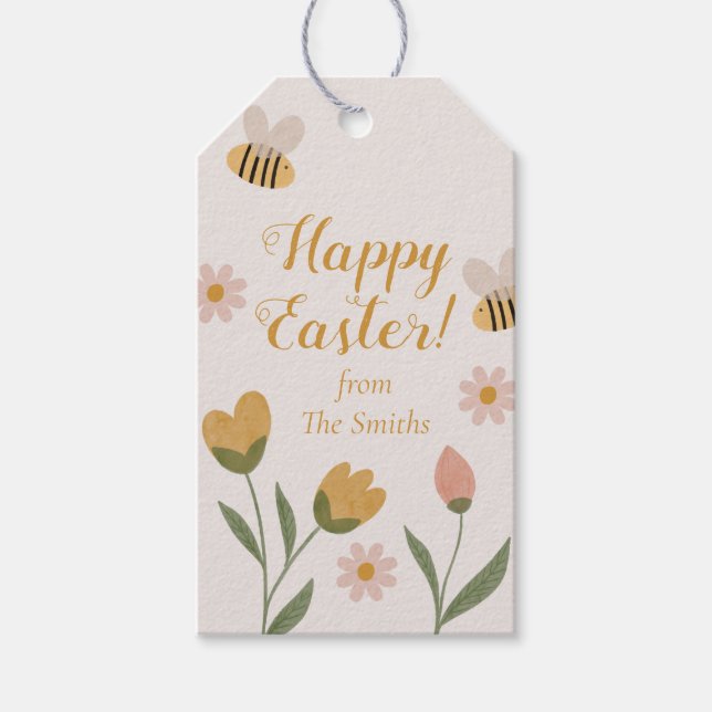 Vattenfärg Blommor & Bin Vår Påsk Presentetikett (Framsidan)