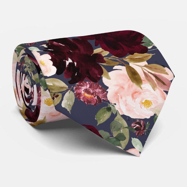 Vattenfärg blommor Burgunder Rosa Marinblå slips (Rullad)
