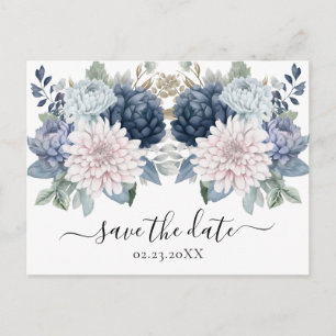 Vattenfärg Blommor dammiga blå Spara datum Vykort