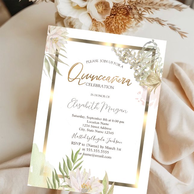 Vattenfärg Blommor Guld Ram Quinceañera Inbjudningar (Skapare uppladdad)