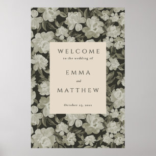 Vattenfärg blommor i grön välkomstskylt för bröllo poster