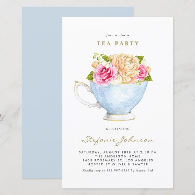 Vattenfärg blommor i tekopp Tea Party Inbjudan (Fram/baksida)