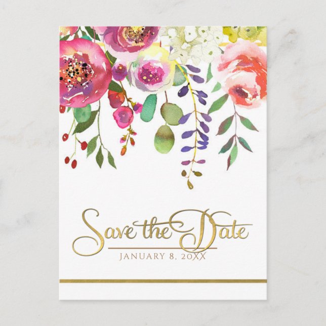 Vattenfärg Blommor Modern Spara Datum Meddelande Vykort (Framsida)