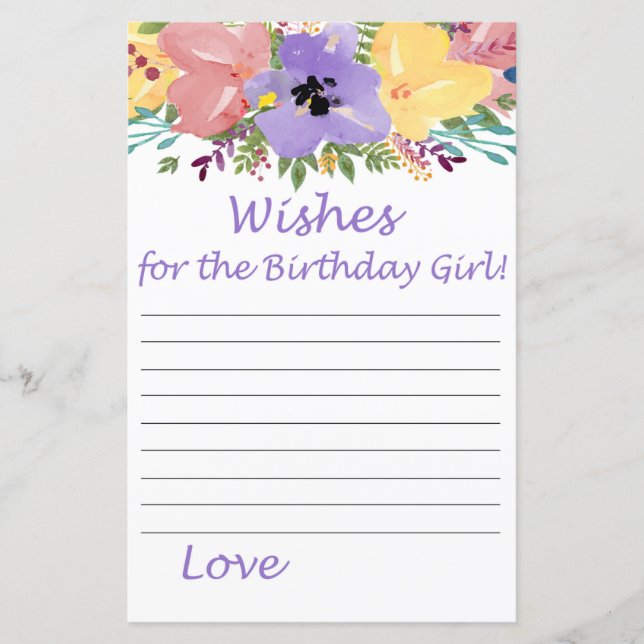 Vattenfärg blommor Önskningar till födelsedagsflic (Framsida)