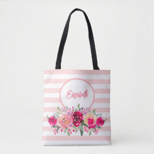 Vattenfärg Blommor på Rosa Ränder Monogram Tote Vä Tygkasse