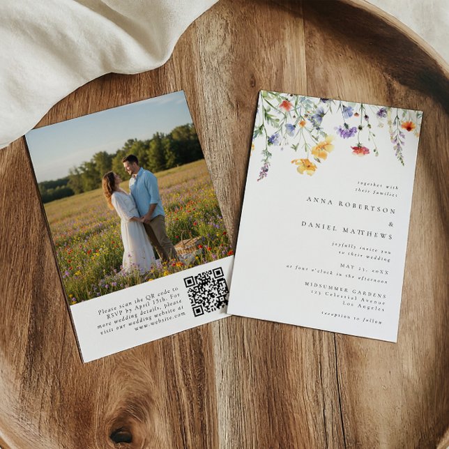 Vattenfärg Blommor QR-kod Foto Bröllop Inbjudningar (Skapare uppladdad)