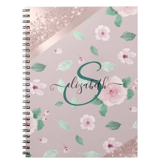 Vattenfärg Blommor Roséguld Monogram Anteckningsbok (Framsidan)