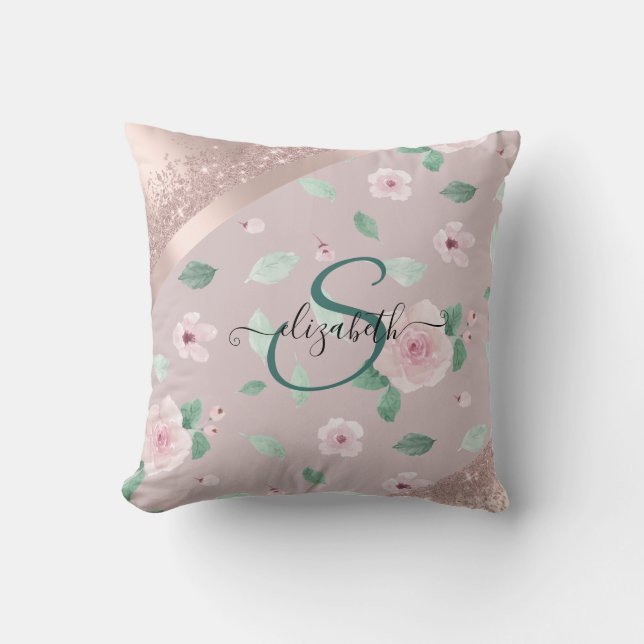 Vattenfärg Blommor Roséguld Monogram Kudde (Framsida)