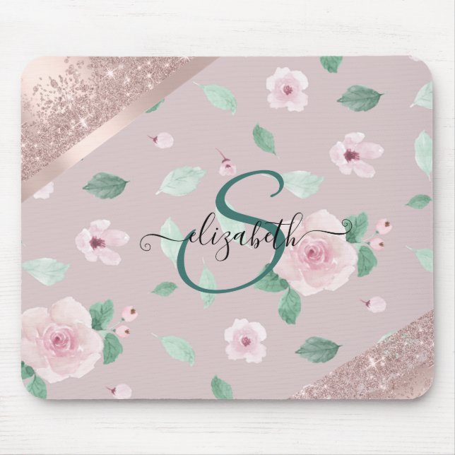 Vattenfärg Blommor Roséguld Monogram Musmatta (Framsidan)