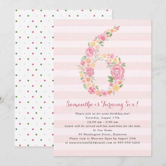 Vattenfärg Blommor SIX 6-års födelsedag Inbjudningar (Fram/baksida)