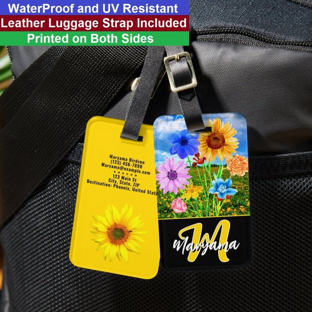 Vattenfärg Blommor | Svart & Guld Monogram Initial Bagagebricka (Floral Luggage Tag
)