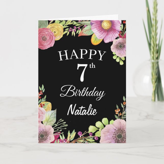 Vattenfärg blommor svart kort för 7-års födelsedag (Framsida)