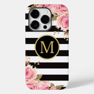 Vattenfärg Blommor Svarta och Vita Ränder Monogram