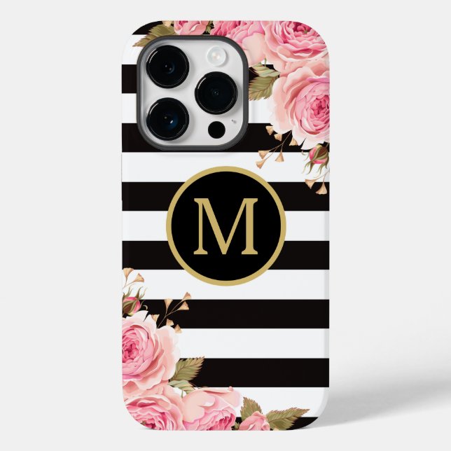 Vattenfärg Blommor Svarta och Vita Ränder Monogram (Baksida)