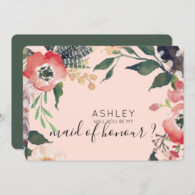 Vattenfärg Blommor Vill Du Vara Min Brudtärna Namn Inbjudningar (Fram/baksida)
