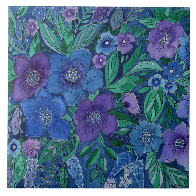 Vattenfärg, blomsterträdgård kakelplatta (Framsidan)