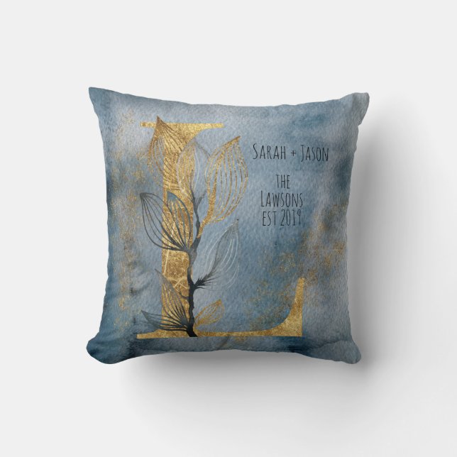 Vattenfärg Blue Grått Guld L Monogram Dekorativ ku Kudde (Framsida)