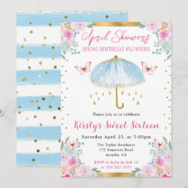 Vattenfärg Blue Guld Vår Parbrella Sweet sixteen Inbjudningar