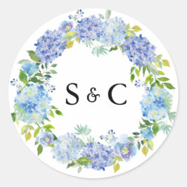 Vattenfärg Blue Hydrangea Wandeans Bröllop Monogra Runt Klistermärke