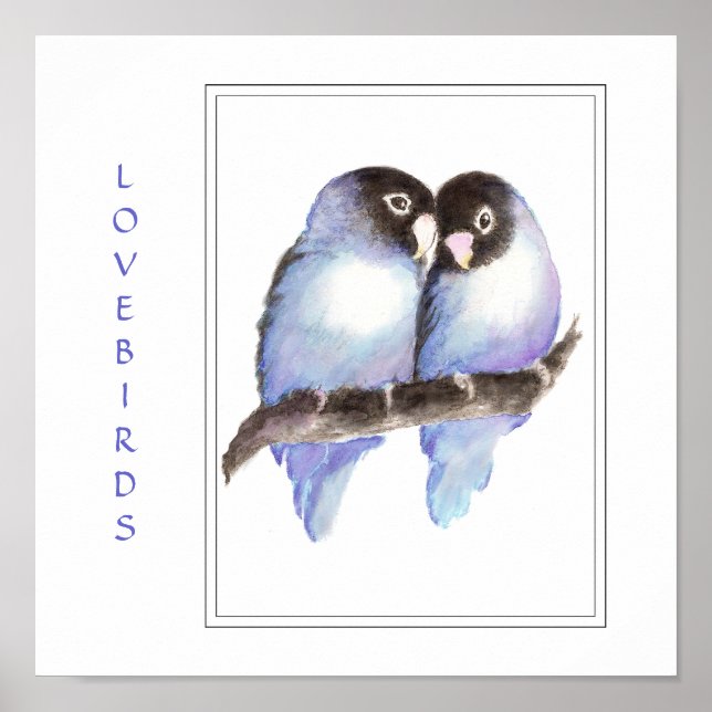 Vattenfärg Blue Lovebird - Bird Print Poster (Framsidan)