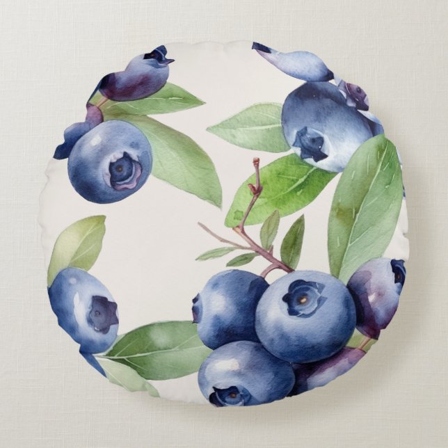 Vattenfärg Blueberry Garden Round Pillow Rund Kudde (Framsidan)