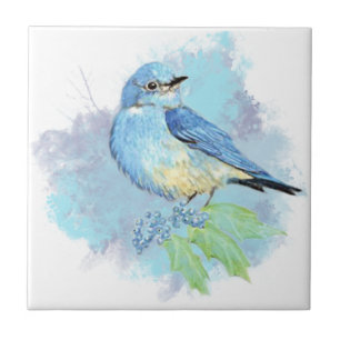 Vattenfärg Bluebird på Oregon Grape Bird Nature Kakelplatta