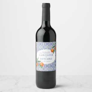 Vattenfärg Bluetile Mediterranean Bröllop Vinflaska Etikett