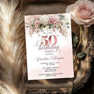 Vattenfärg Blush Bouquet Guld Grönska 50 Födelseda Inbjudningar