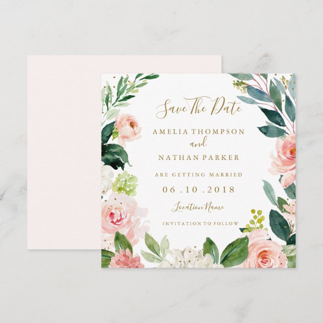 Vattenfärg Blush Guld Blommig Bröllop Spara Datum Inbjudningar (Fram/baksida)