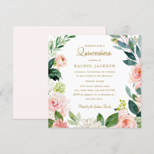Vattenfärg Blush Guld Blommig Quinceanera Inbjudan