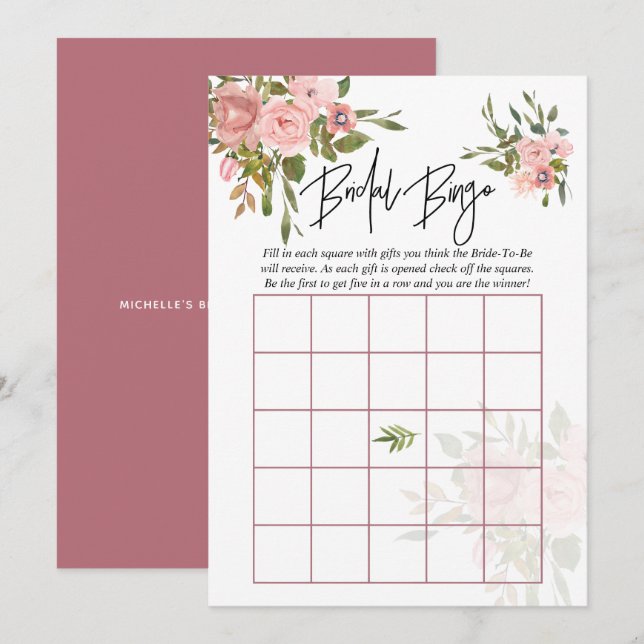 Vattenfärg blush och roséguld bröllopsbingo inbjudningar (Fram/baksida)
