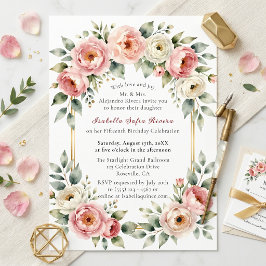 Vattenfärg Blush Peony Guld Ram Quinceañera Inbjudningar