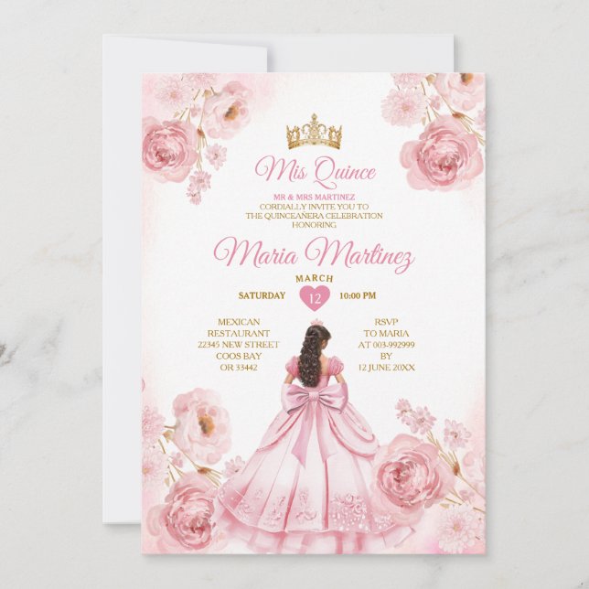 Vattenfärg Blush Rosa Bandbågar Mis Quince Inbjudningar (Framsida)