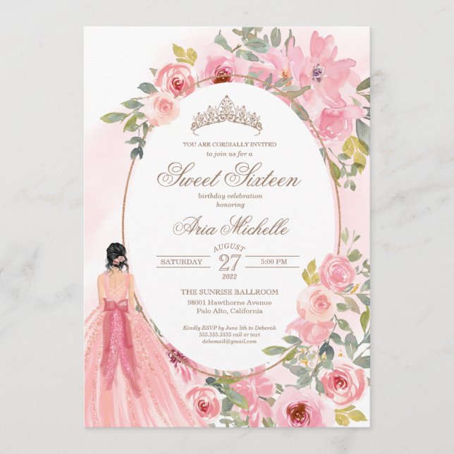 Vattenfärg Blush Rosa Blommor Söta 16 Födelsedag  Inbjudningar (Framsida)