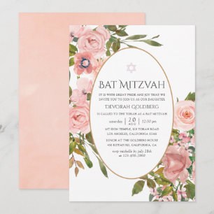 Vattenfärg Blush Rosa och Rosa Guld Bat Mitzvah Inbjudningar