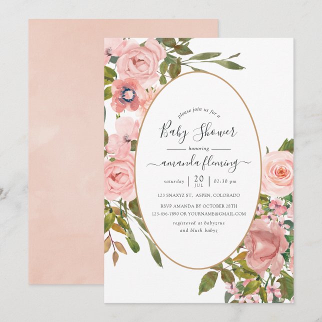Vattenfärg Blush Rosa och Rosa Guld Bebisfest Inbjudningar (Fram/baksida)