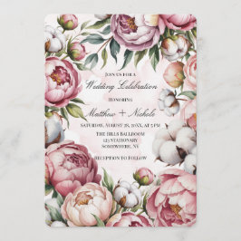 Vattenfärg Blush Rosa Peony och Bomull Bröllop Inbjudningar