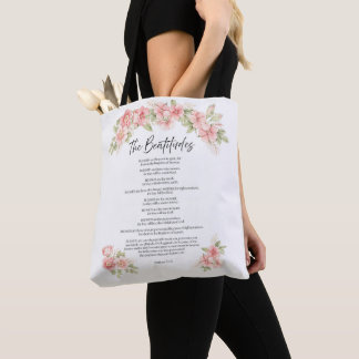 Vattenfärg Blush Saligprisningarna Blomster Skrift Tygkasse