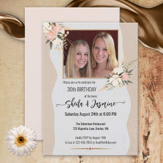Vattenfärg Bohemian Blommigt Photo Twin Birthday Inbjudningar